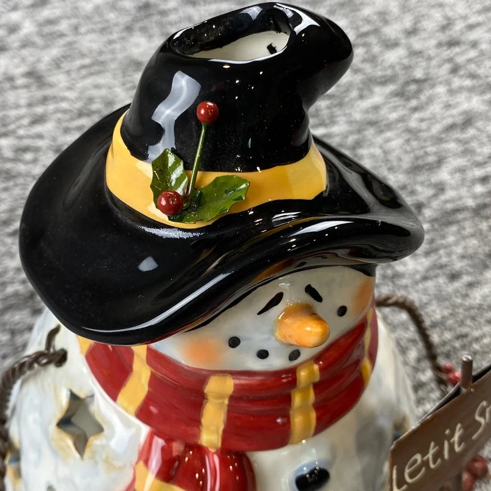 Ceramic Snowman Christmas Tea Light Holder Lantern Let It Snow Cardinal 2007 10
